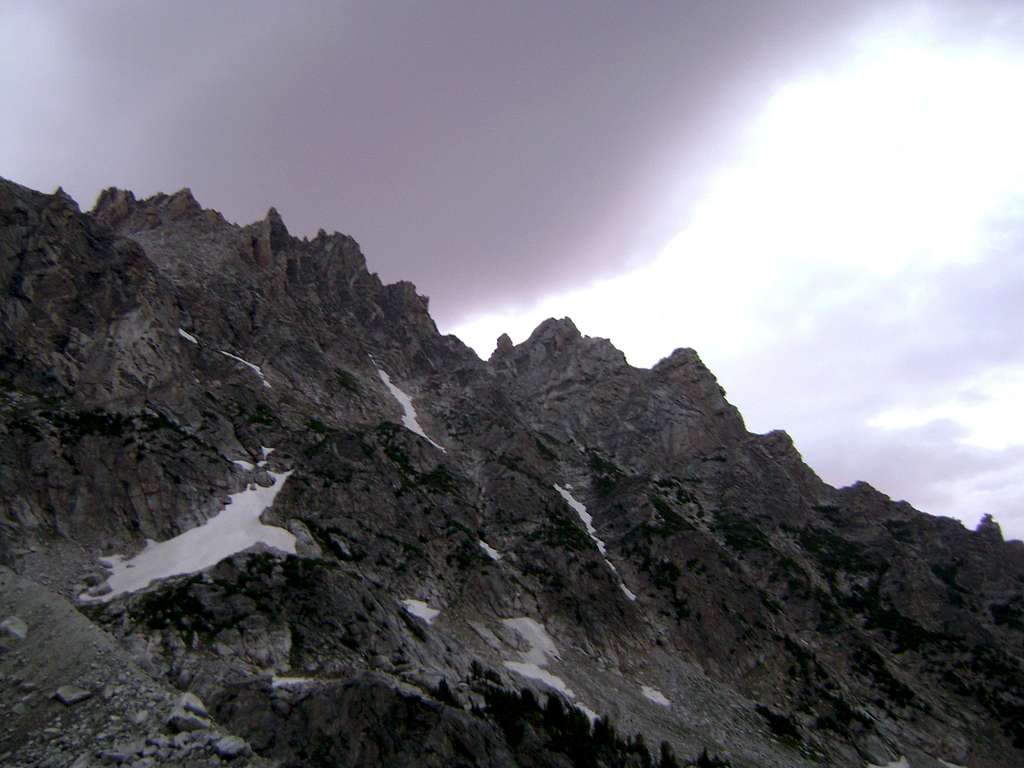 The view of Teewinot from the Teton Glacier moraine