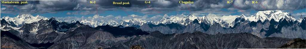 panoramic view  k2 brod peak G4 K7 k-6 chogolisa from muses peak Barah Broq pakistan     