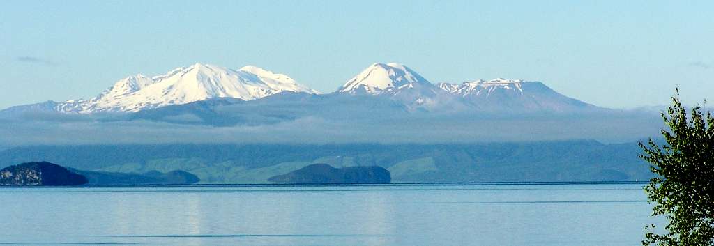 Mt. Ruapehu, Ngauruhoe and Tongariro from across Lake Taupo