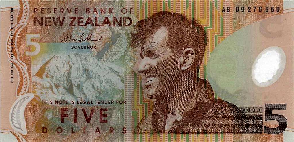 Aoraki/Mt. Cook on $5 banknote (New Zealand)