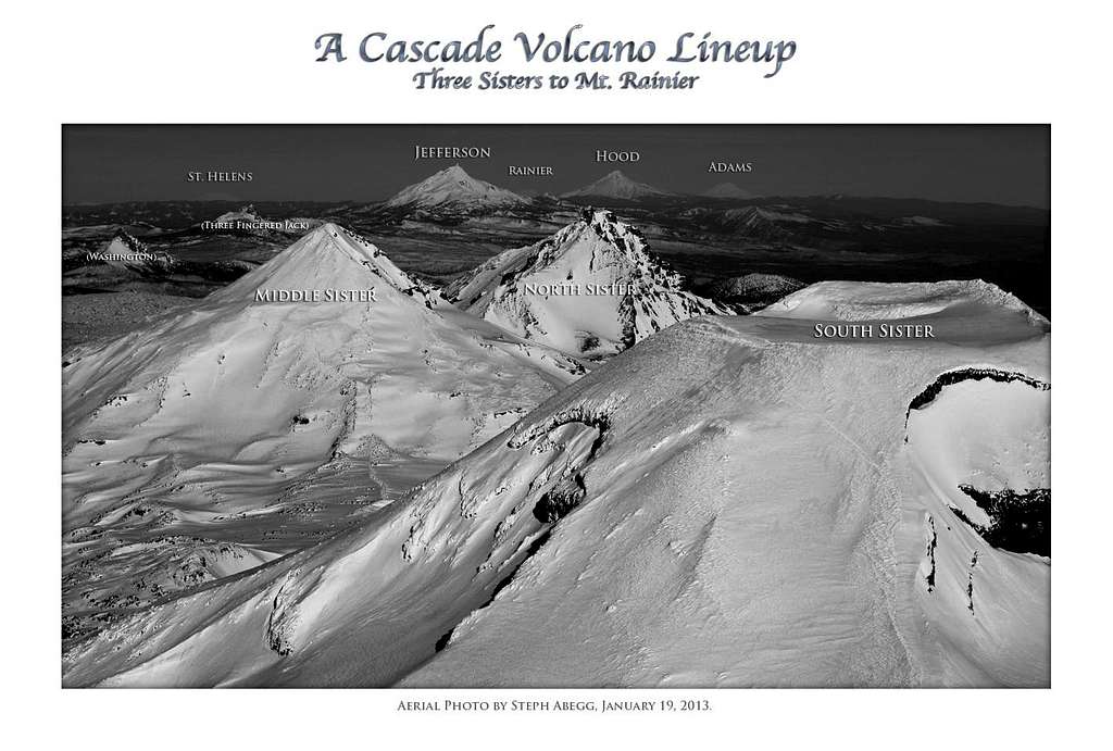 Cascade Volcano Lineup: Sisters to Rainier (black/white version)