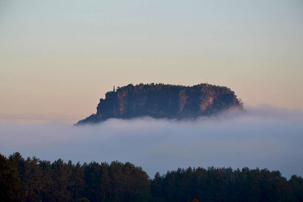The Lilienstein looming out of the early morning fog