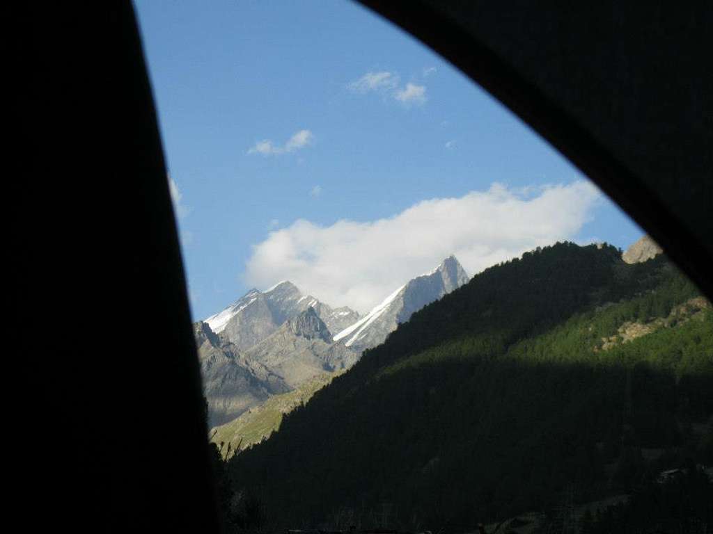 The Dom (4545 m) and the Täschhorn (4491 m) seen from inside the tent