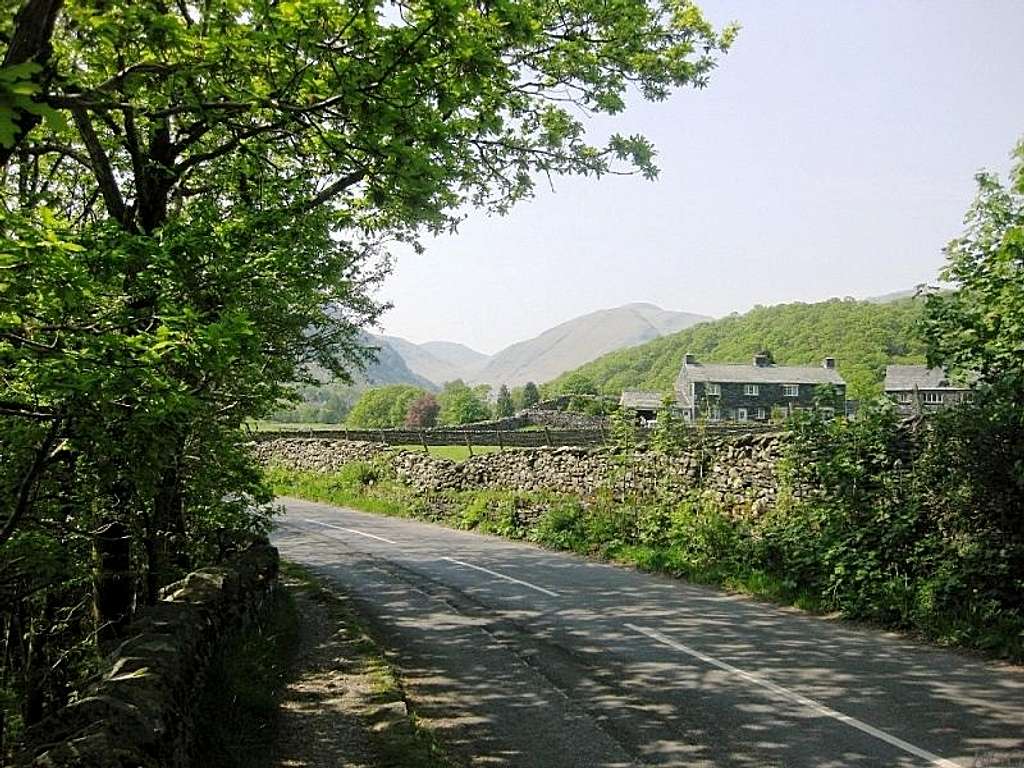 The road from Rosthwaite to Seatoller, with Dale Head in the distance