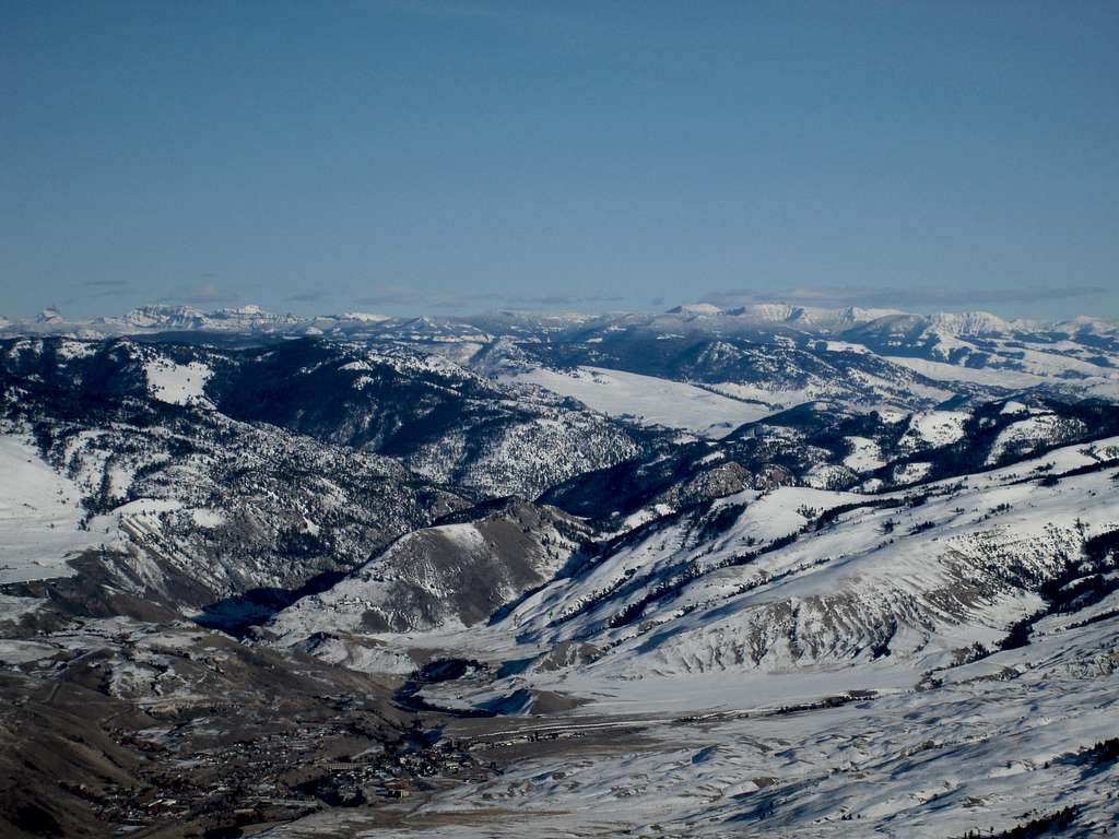 The town of Gardiner, Montana, with the Absaroka range in the background. Seen from the north flank of Electric Peak