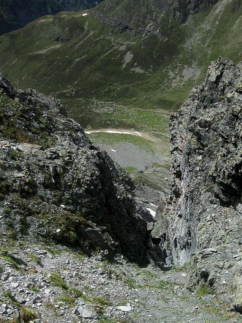 Looking down the steep northern side of the Kapuzinerjoch (2710m) to the Hundsbach Alm