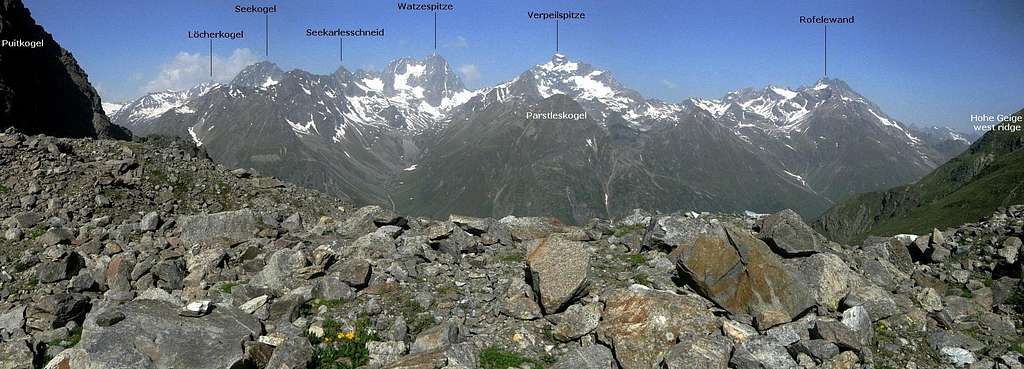 Annotated panorama of the southern Kaunergrat from the Geigenkamm