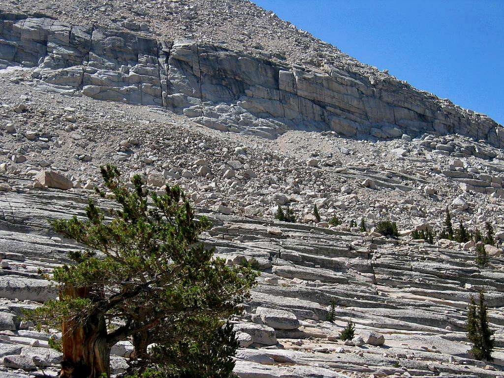 High Sierra Trail unusual rock strata on way to Timberline Lake