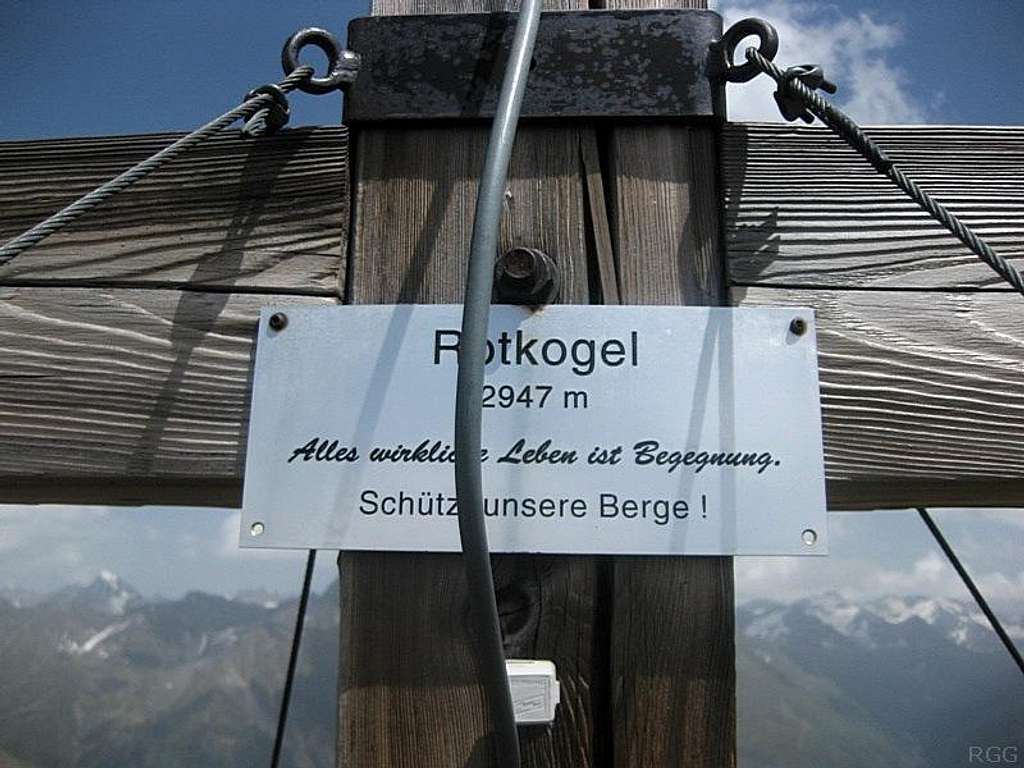 Sign on the Rotkogel summit cross