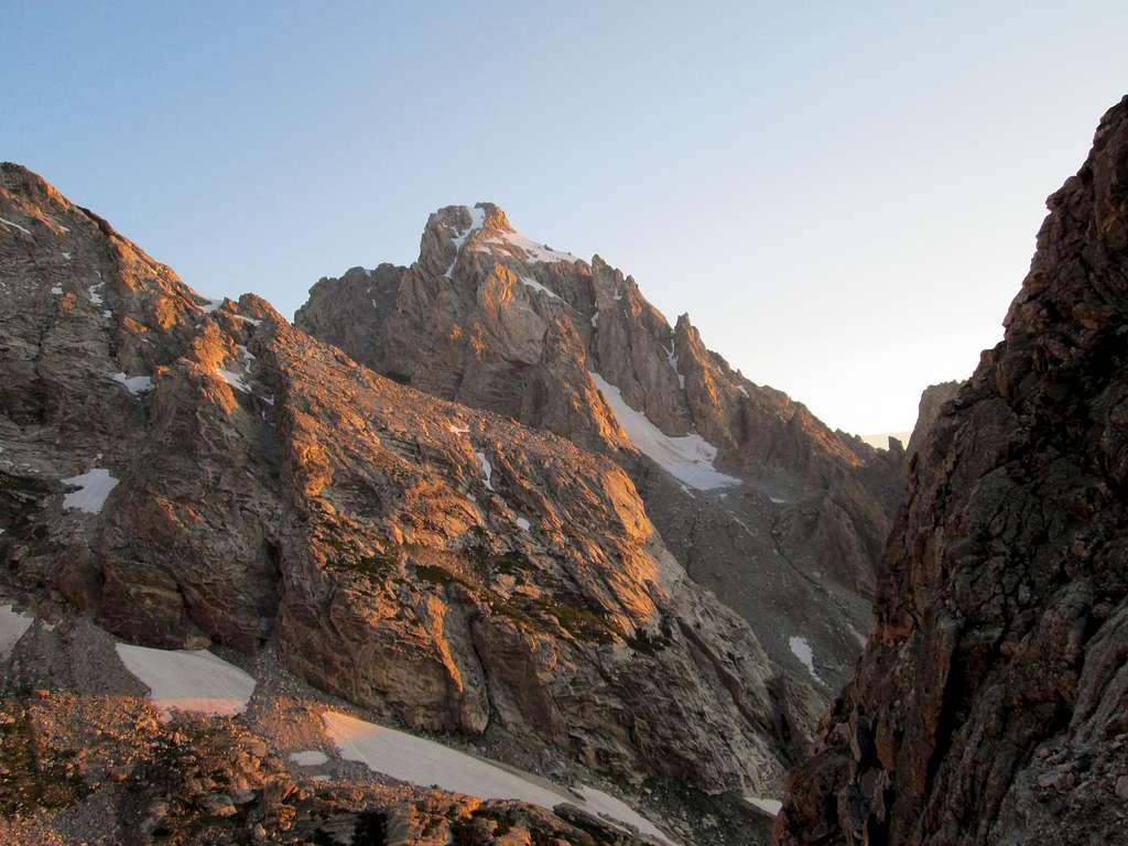 The Grand Teton seen at first light from the base of the Northwest face/couloirs of Nez Perce
