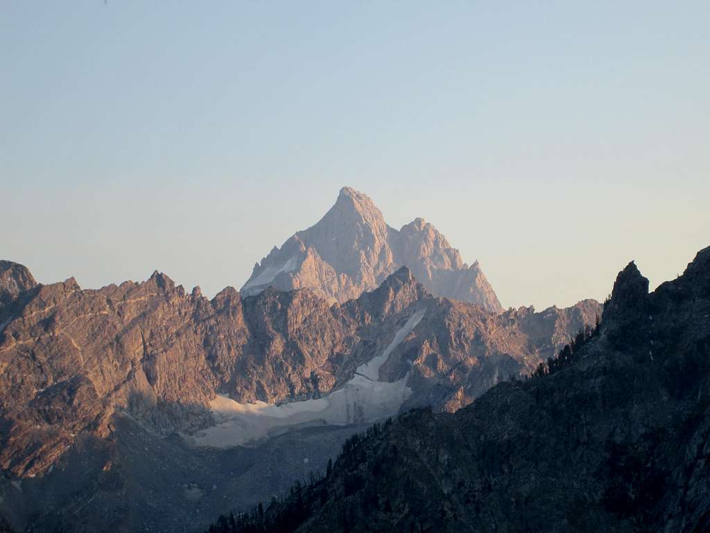 The Grand Teton seen at sunset from the CMC camp on Mount Moran