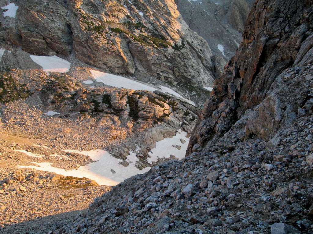 Looking down towards Garnet Canyon from the base of the Northwest Couloirs of Nez Perce
