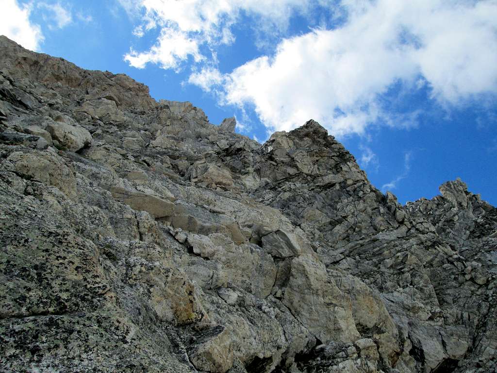Looking up at the correct route on the Northwest Couloirs of Nez Perce on the descent