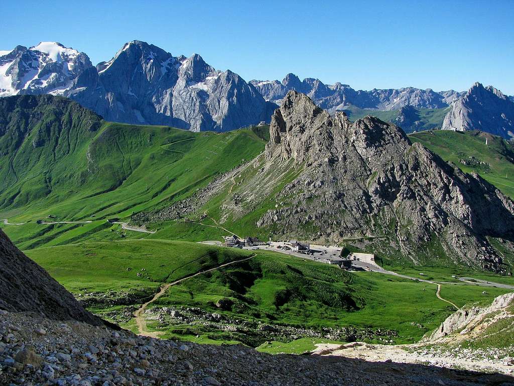 View to Pass Pordoi from ascent to Sella Pordoi