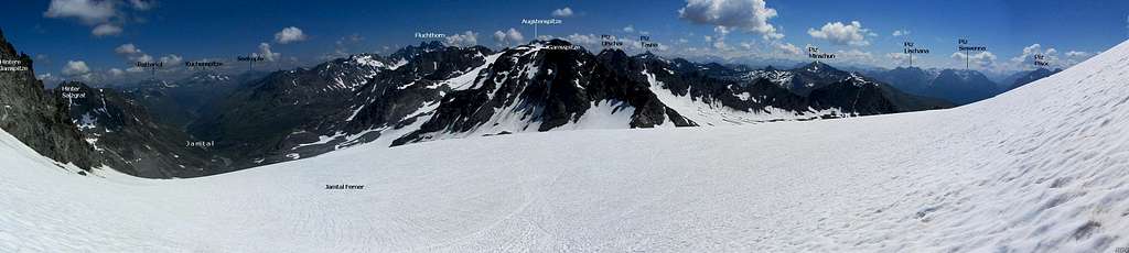 Annotated panorama of the Silvretta Alps from high on the Jamtal Ferner