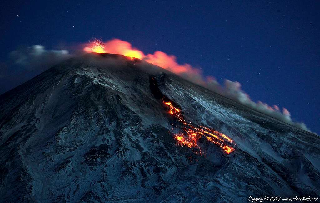 Night view of the Kluchevskaya Sopka eruption