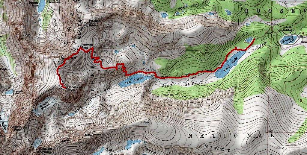 Route from Long Lake Trailhead to Shoshoni Peak Summit