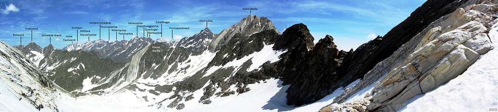 Annotated panorama down the Lodner Ferner, towards the Hohe Weiße and the main ridge of the Ötztal group