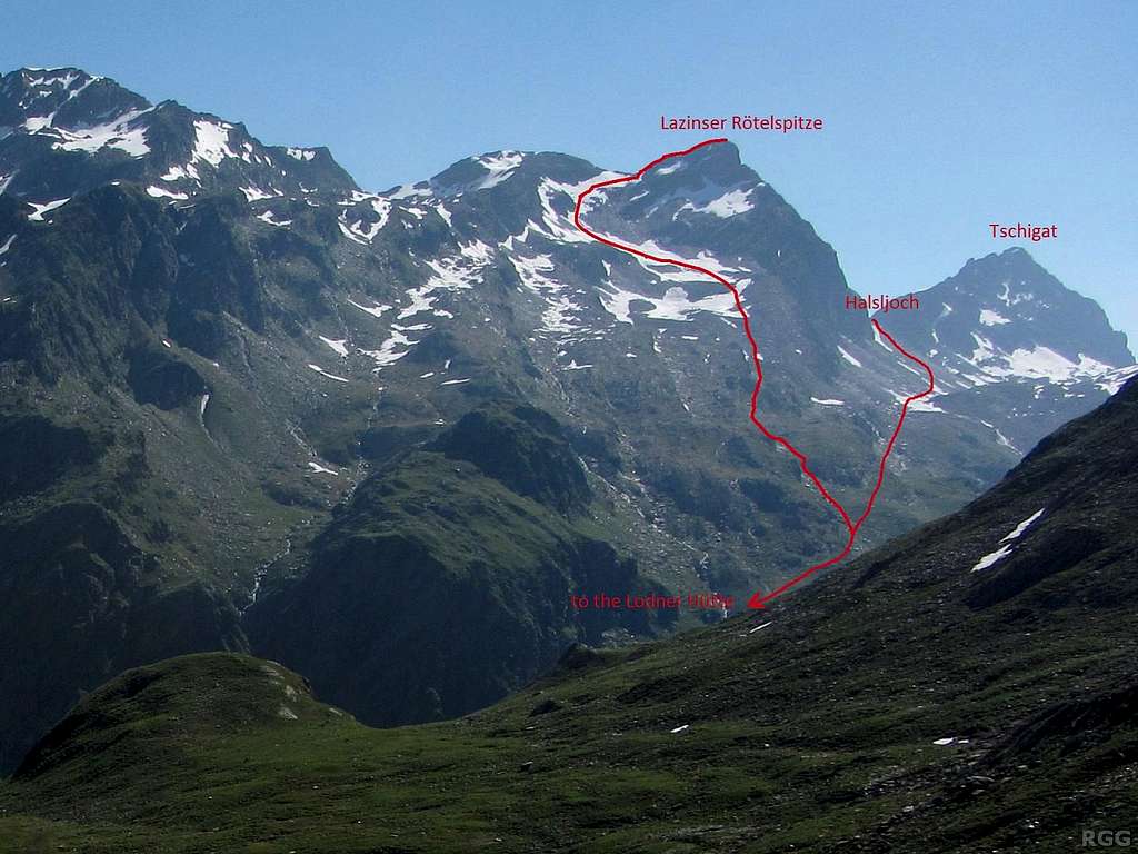 Alternative descent route of the Laziner Rötelspitze, down the western slopes