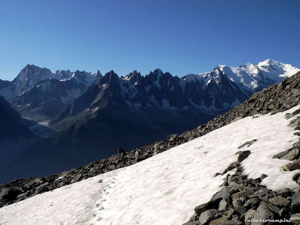 Grandes Jorasses, Aiguilles de Chamonix and Mont Blanc in early summer