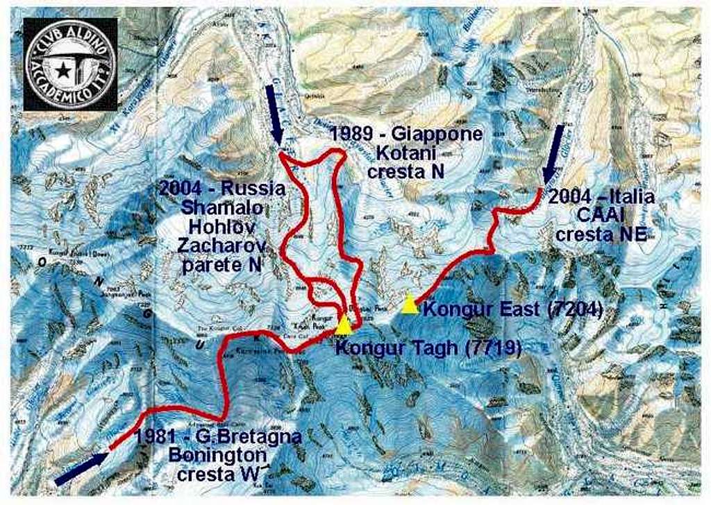 Climbing lines on Kongur Tagh