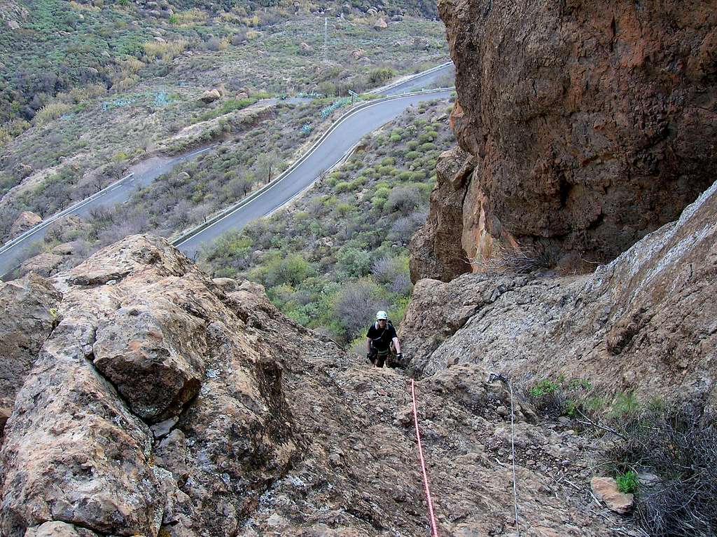 Via Ferrata Baviera: approaching the easier ground in the gully