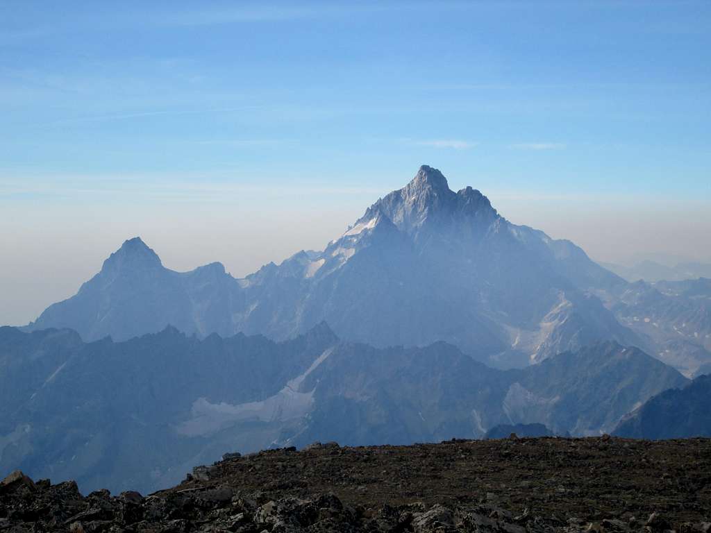 The Grand Teon and Teewinot seen from the summit of Mount Moran, early morning light