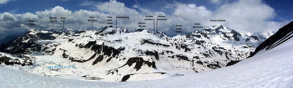 Annotated 140° panorama from the western slopes of Punta Clogstafel
