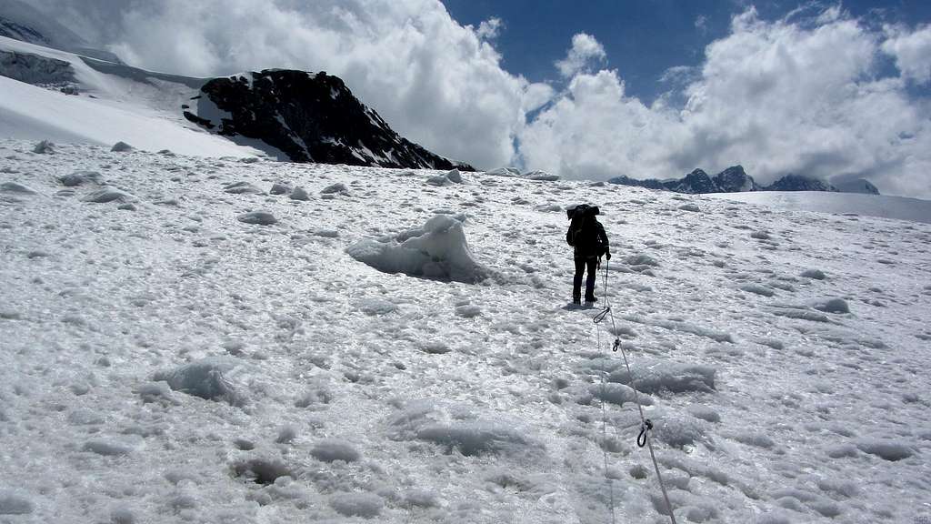 Crossing a debris field on the Monte Rosa Glacier