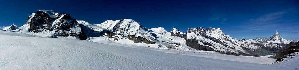 Panorama from high on the Gorner Glacier, spanning from Monte Rosa to Matterhorn