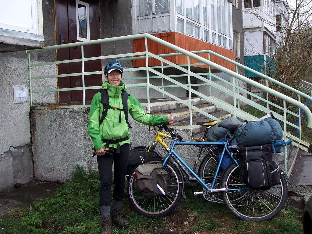 Start of our bike tour in Kamchatka. Note the mountaineering axe.