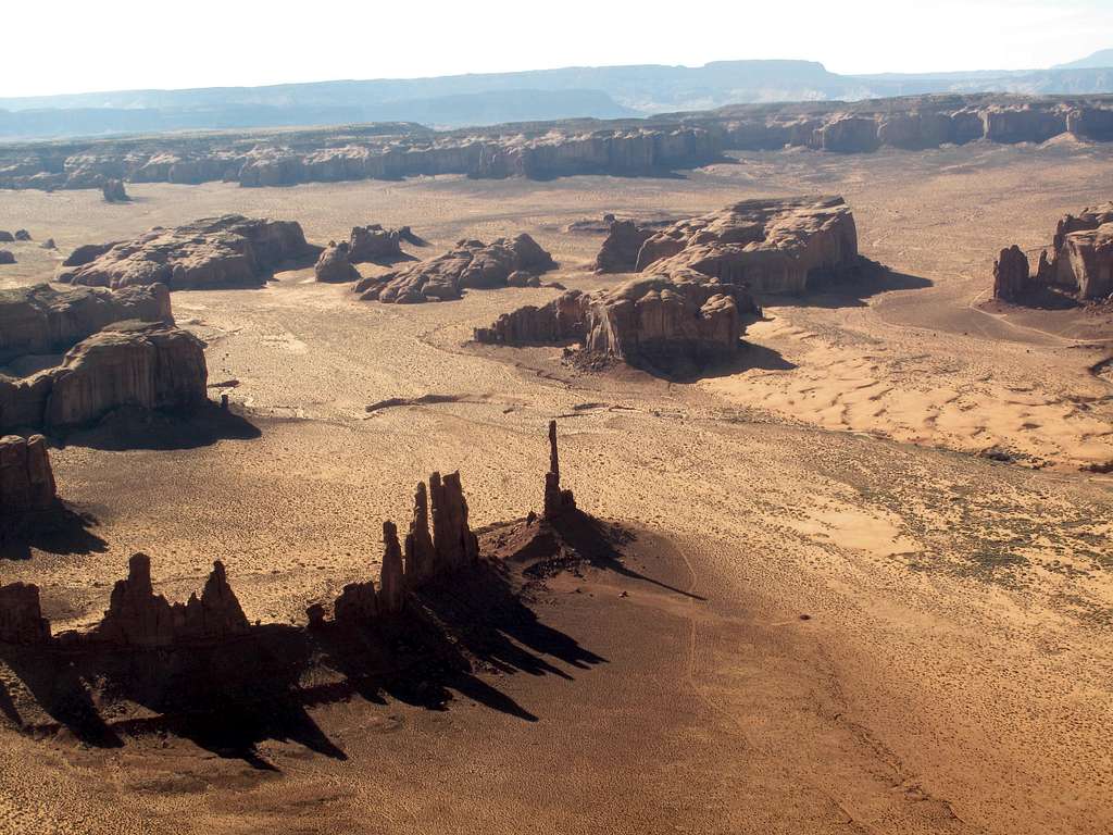 Vertical spires in Monument Valley seen from the air