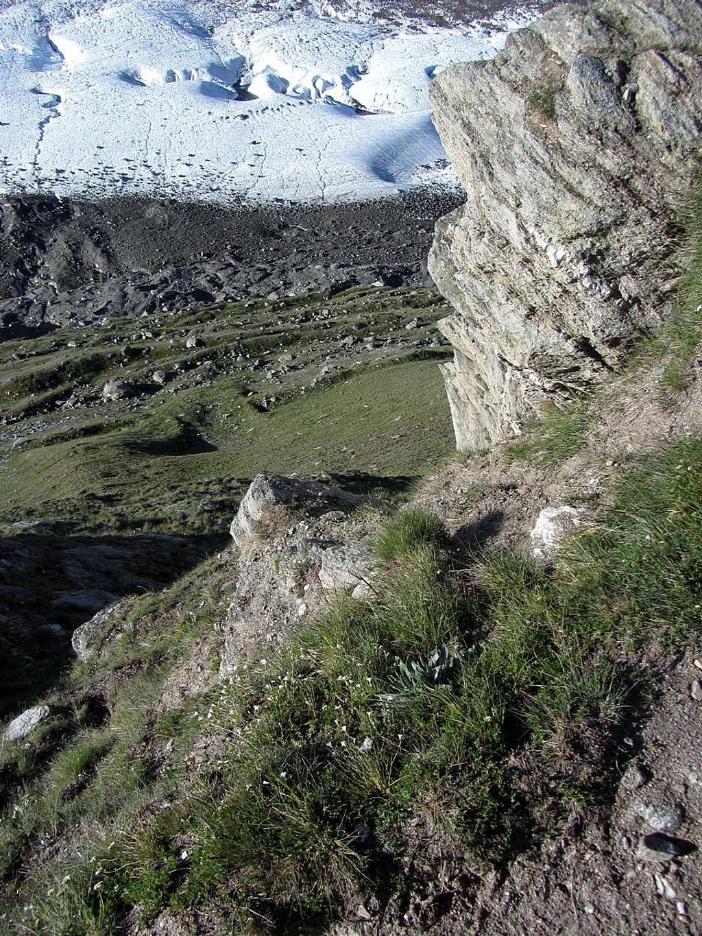 Looking down the steep slopes to the Gorner Glacier from the trail on the Gornergrat