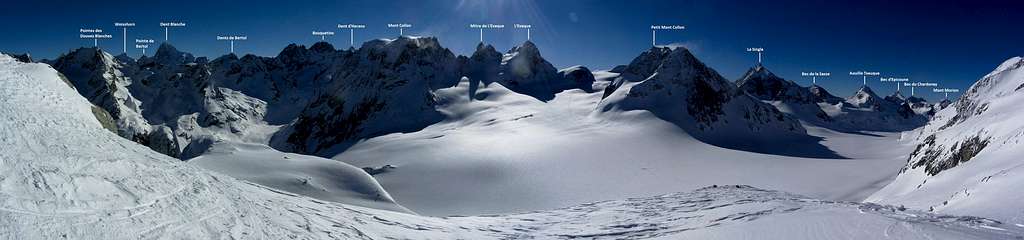 Annotated 165° panorama from just S of the Col des Vignettes