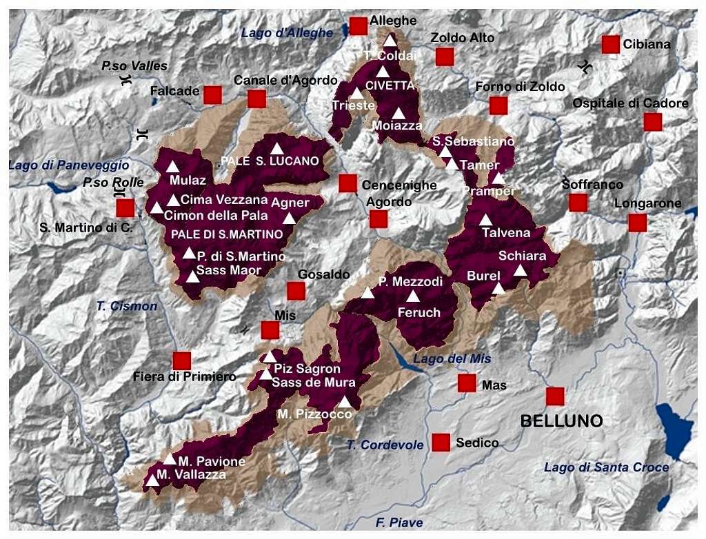 Pale di San Martino, Pale di San Lucano, Dolomiti Bellunesi, Vette Feltrine map
