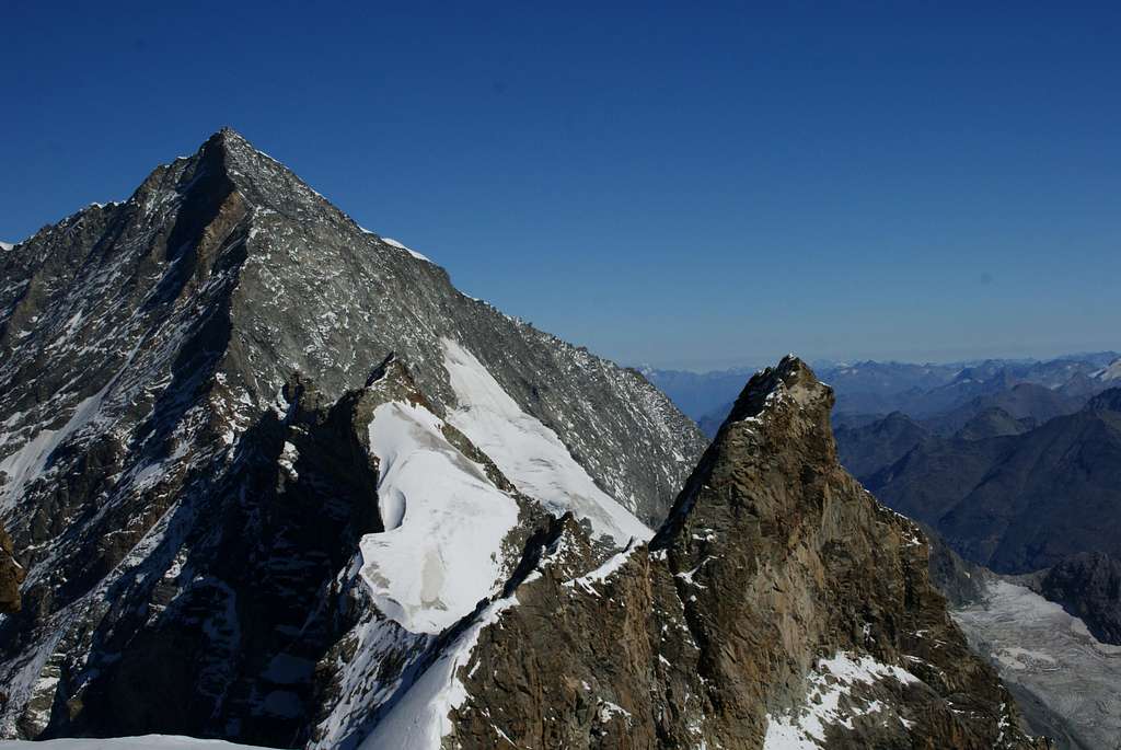 Weisshorn from south with significant Schaligrat and Eastern ridges
