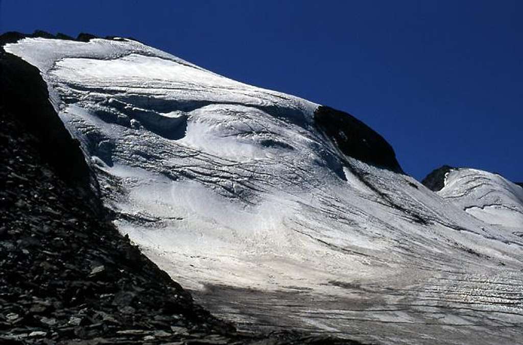  Trajo Glacier, Punta Rossa <i>3630m</i> and  Punta Nera  <i>3683m</i> view from colle del Pousset <i>3198m</i>