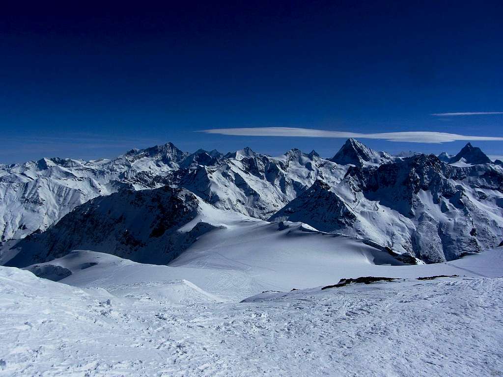 Swiss Alps panorama with Weisshorn, Zinalrothorn, Dent Blanche and Matterhorn