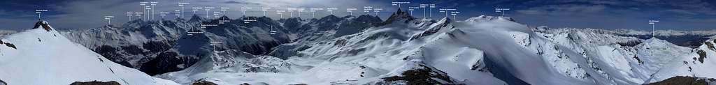 Annotated 360° panorama from the SW summit of Mont de l'Etoile