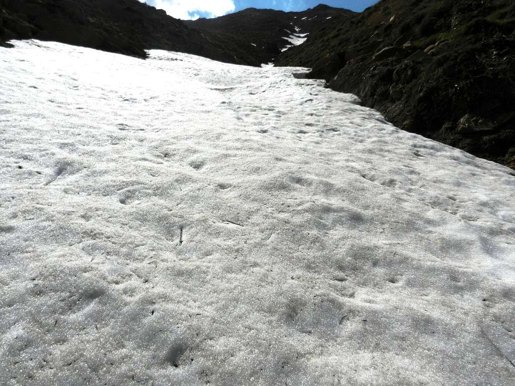 A snow field on the way up