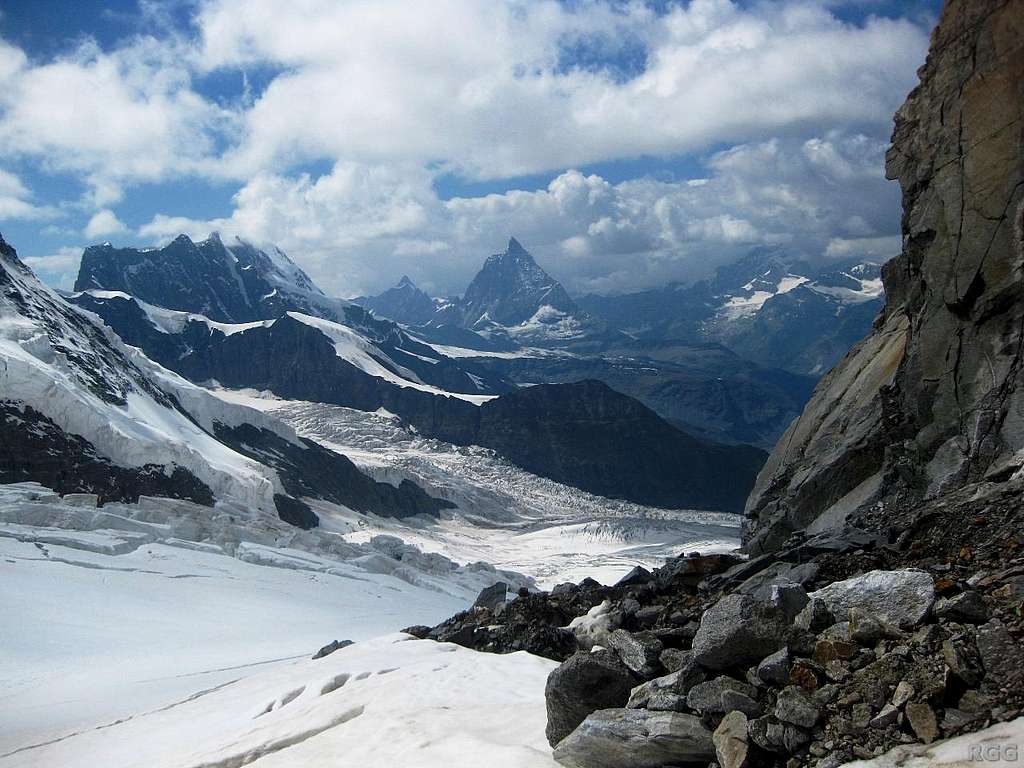 View down the Grenzgletscher, with Breithorn and Matterhorn in the distance