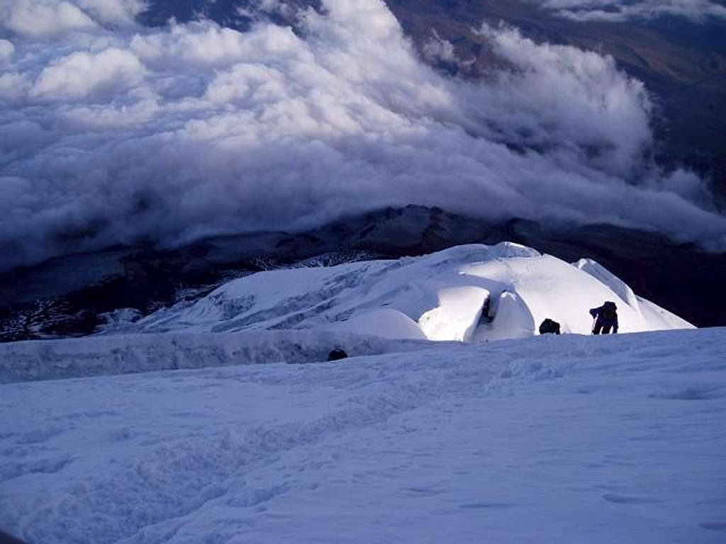 Climbers headed up, crossing...