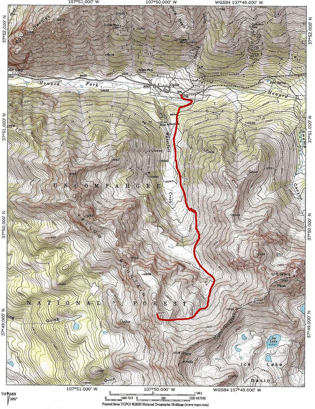 Map of Yellow Mountain South from Waterfall Creek Valley