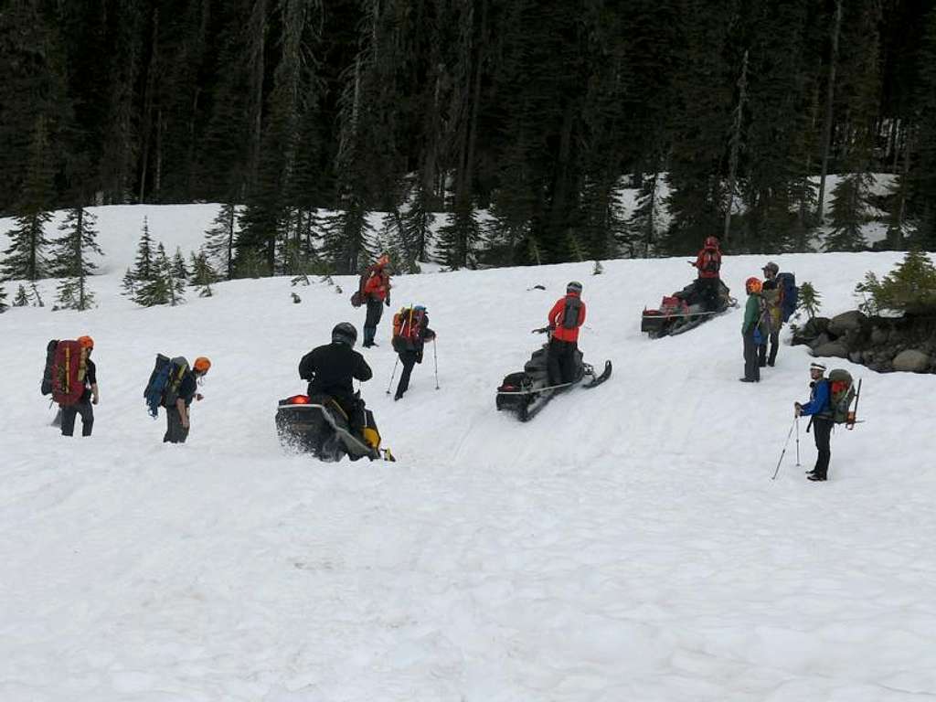 Snowmobiles on trail to Mount Baker