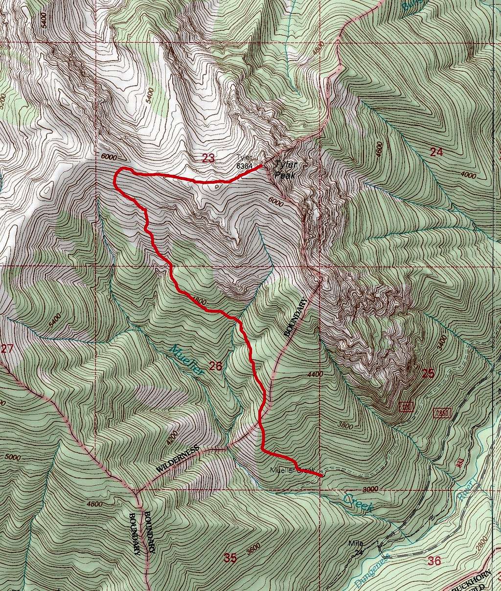 Map of the direct route up Tyler Peak