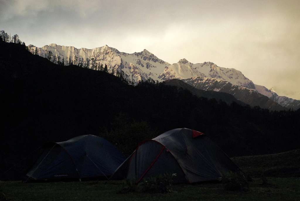 Campsite with Snow-clad mountains behind