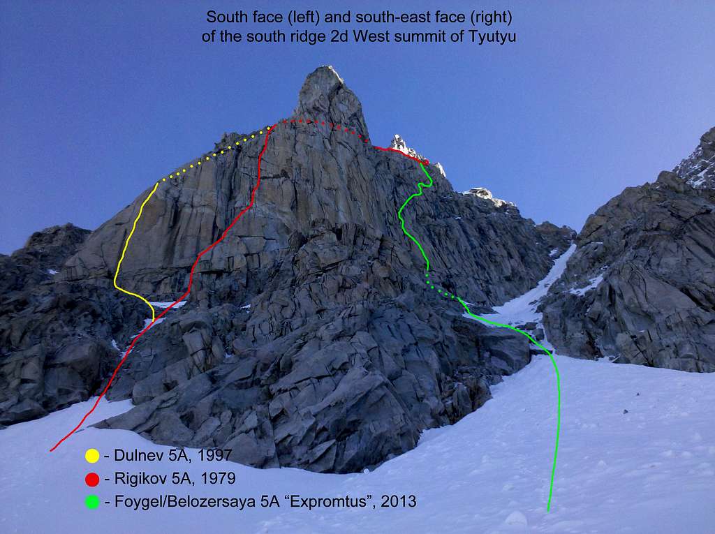 „Expromtus“ south-east face of south ridge of 2d West summit of Tyutyu 4420m