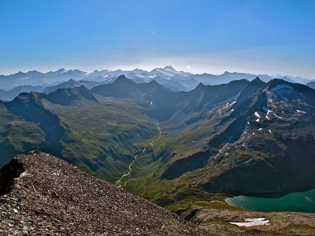 View to the end of Hollersbachtal valley and Grossglockner (3797m) in the distance