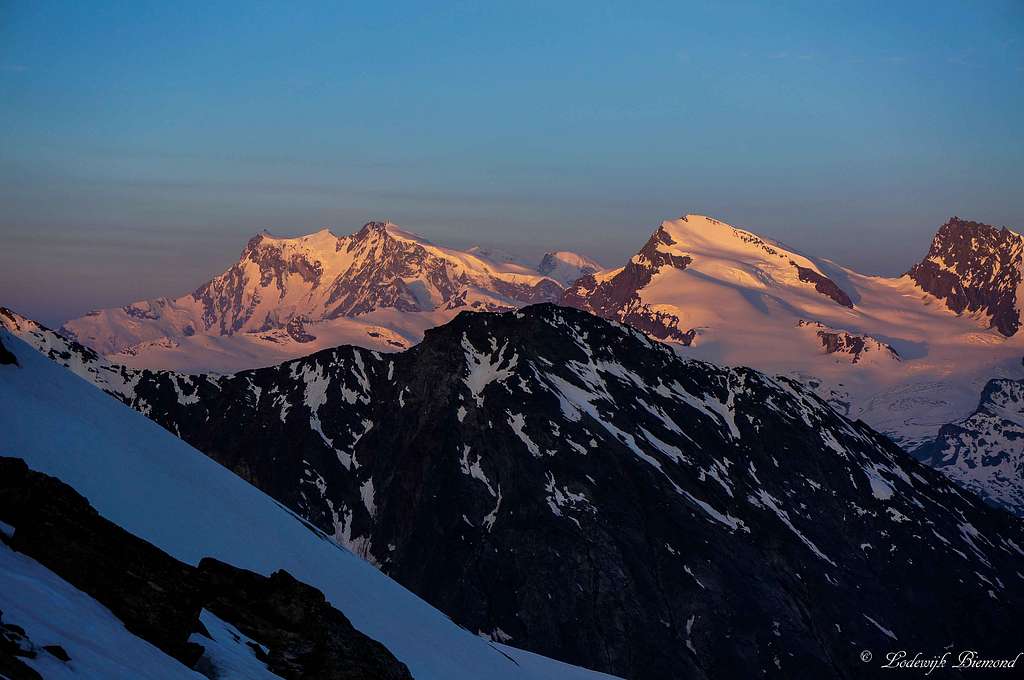 Alpenglow on Monte Rosa (15203 ft / 4634 m) and Strahlhorn (13747 ft /)