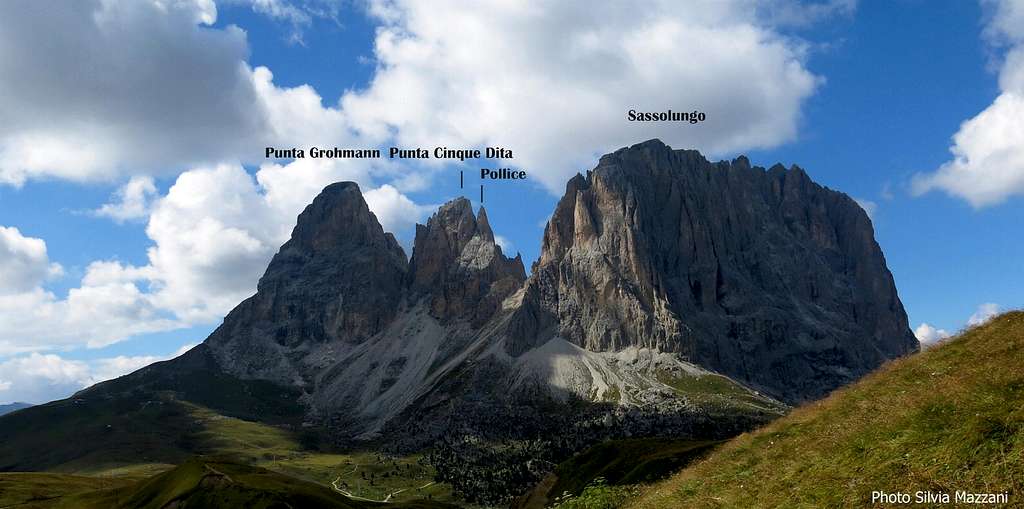 Pollice and Sassolungo Group seen from Torri del Sella
